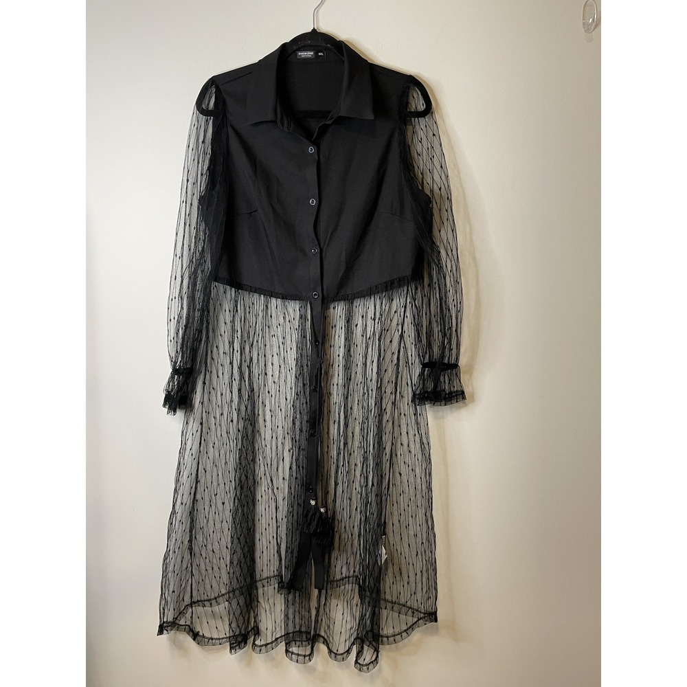 SHEIN CURVE Shirt Dress Women's 0X Black Sheer Mesh Polka Dot Cold Shoulder Midi